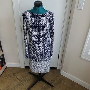 Blue and white bold patterned Vince Camuto dress